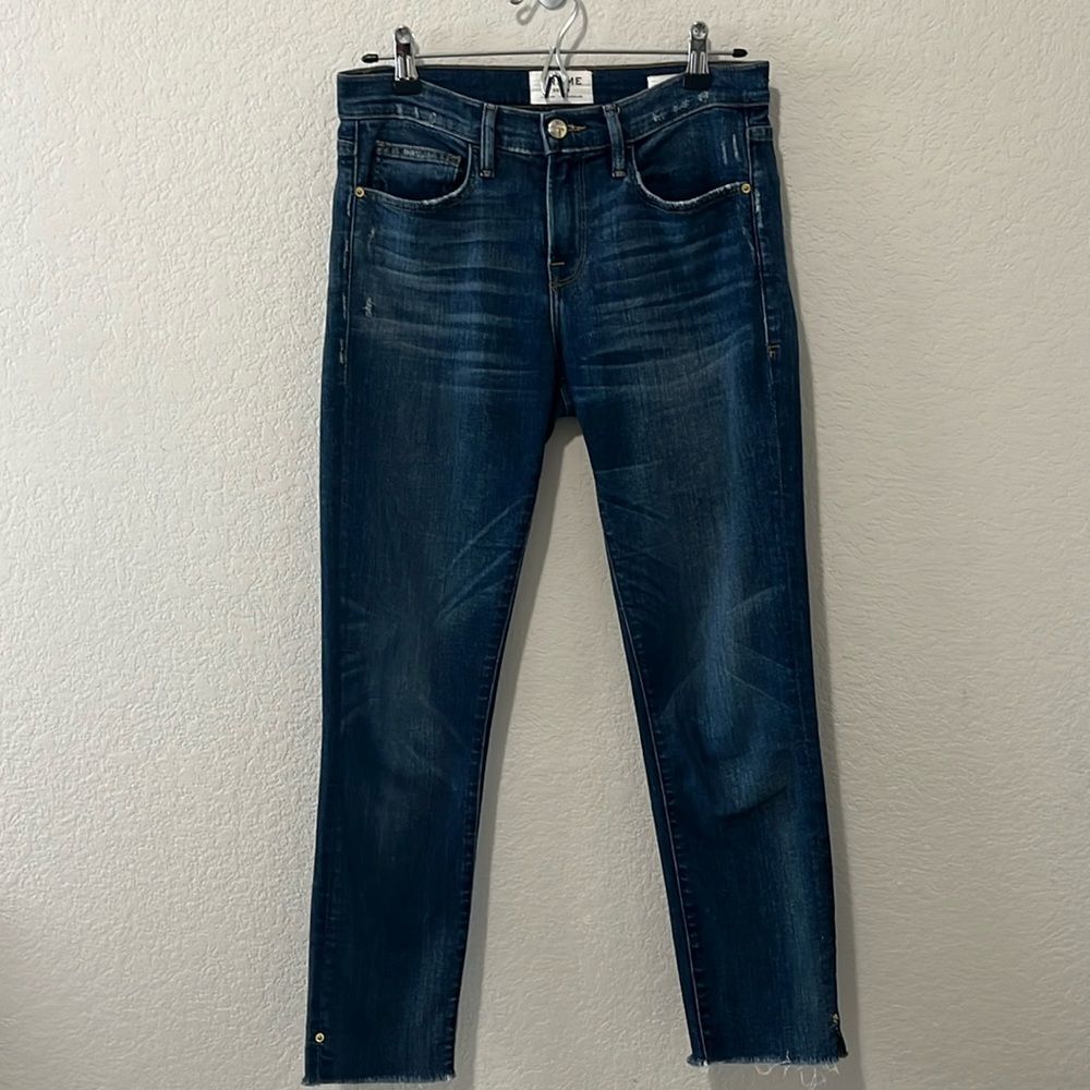 FRAME Denim Le Boy Jeans High Rise Burnett Raw Hem w Slit Gold Rivets, Size 25